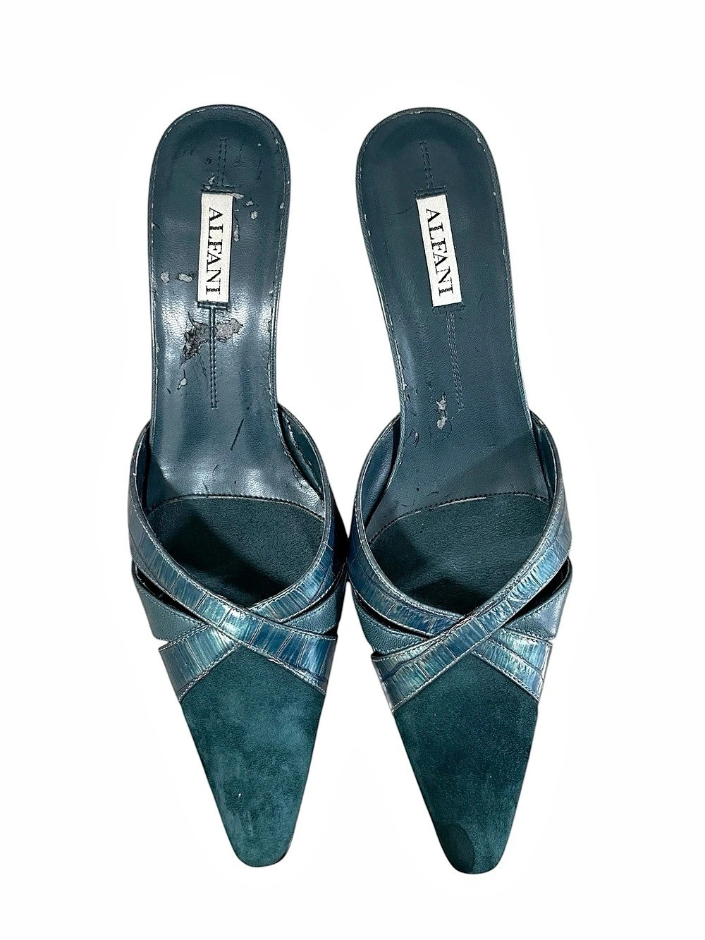 Alfani Teal Blue Croc Embossed Leather Suede Pointed Toe Mule Kitten Heels 7.5M - Picture 2 of 11